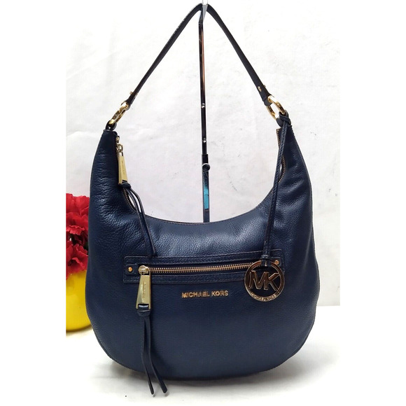 Michael Kors Rhea Blue Pebbled Leather Zipper Pocket Hobo Shoulder Bag - Picture 1 of 16